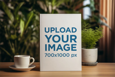 Stationery-Themedf Mockup of a Book Standing on a Wooden Table m38117