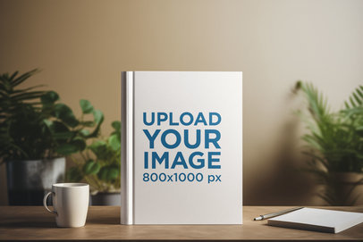 AI-Created Mockup Featuring a Hardcover Book Placed on a Table With a Cup