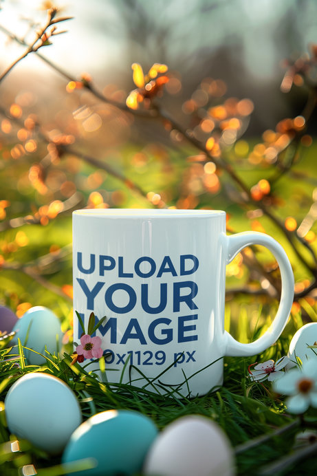 Mockup of an AI-Created 11 oz Coffee Mug on The Grass Surrounded by Easter Eggs