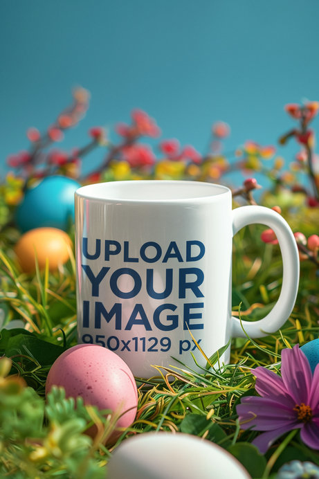 Mockup of an AI-Created Coffee Mug on the Grass Surrounded by Colorful Easter Eggs