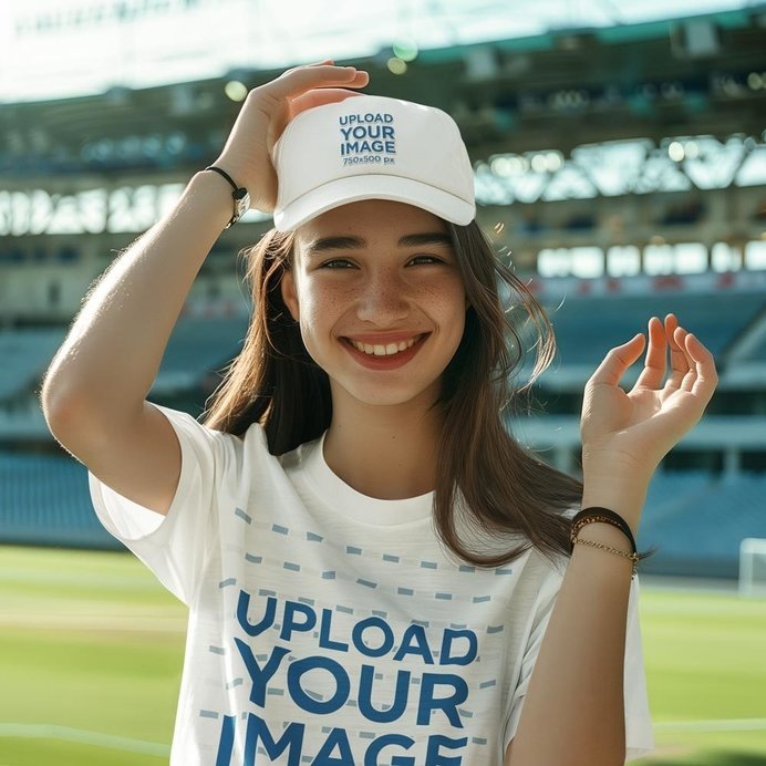 T-Shirt and Dad Hat Mockup of an AI-Created Teenage Girl in a Baseball Stadium Posing With a Happy Face