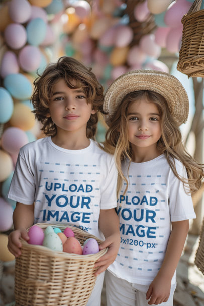 Crewneck T-Shirt Mockup of AI-Created Siblings at a Fun Easter Egg Hunt