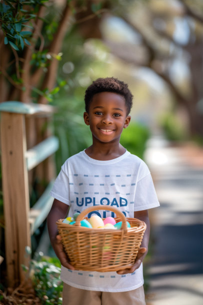 Mockup of an AI-Generated Boy Crewneck Tee Carrying a Basket of Easter Eggs