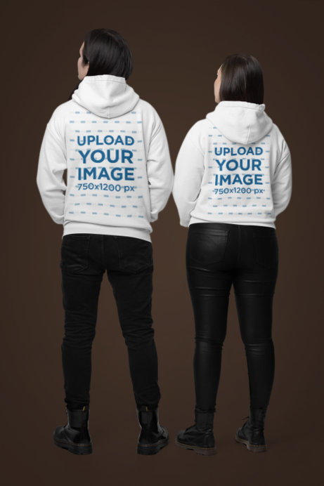 Back-View Gildan Hoodie Mockup of a Man and Woman With Metalheads Styles