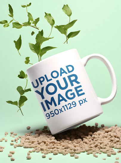 AI-Created Mockup of a Coffee Mug With Floating Spearmint Plants m36279