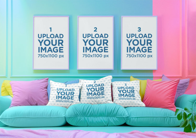 Home Decor Mockup Featuring AI-Generated Art Prints and Pillows in an Eclectic-Styled Living Room