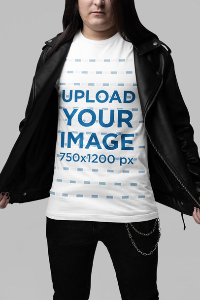 Mockup of a Long-Haired Man Wearing a Bella Canvas Tee Under a Leather Garment