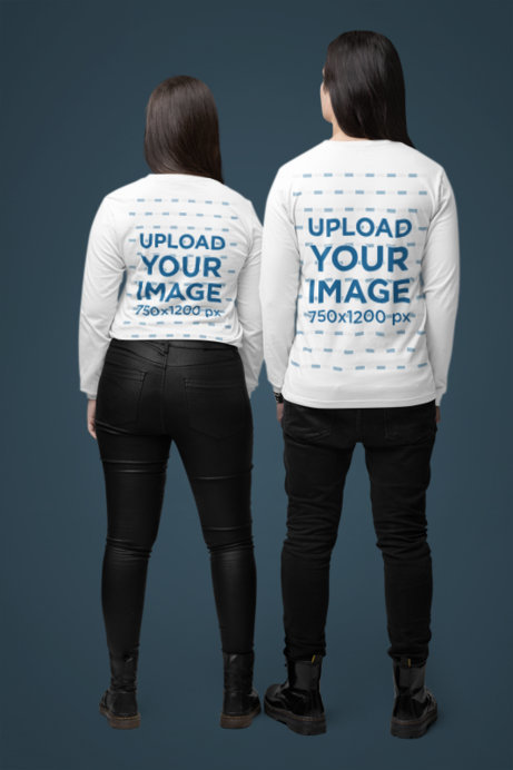 Back-View Bella Canvas Mockup of a Man and Woman Wearing Long-Sleeve Tees and Metalhead Styles