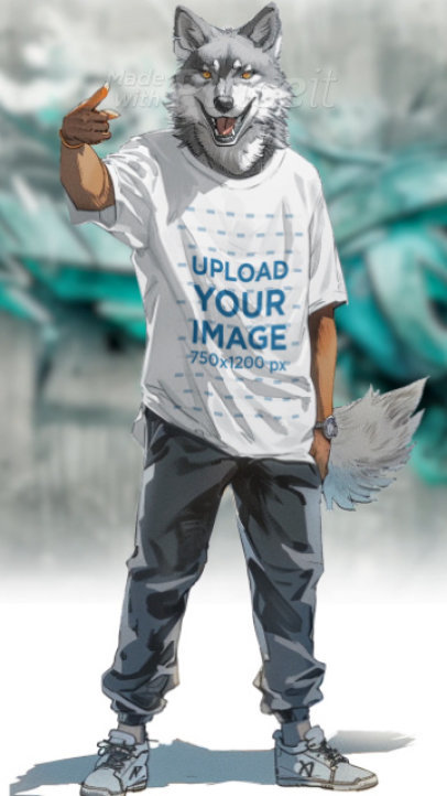 Round-Neck Tee Video Featuring an AI-Created Wolf Illustration