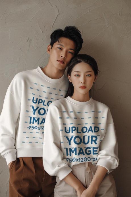 AI-Generated Mockup of a Man and a Woman Wearing Matching Crewneck Sweatshirts 