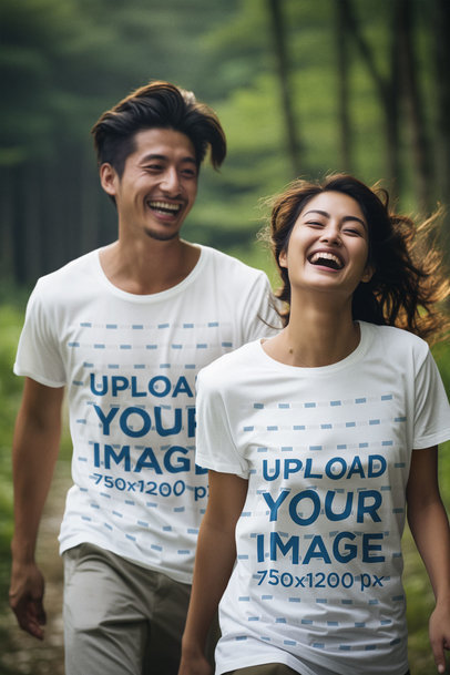 T-Shirt Mockup of a Man and a Woman Hiking Through a Forest