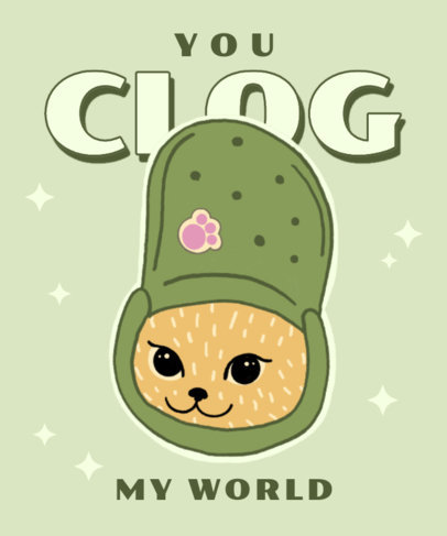 T-Shirt Design Template Featuring an Illustrated Kitten with a Clog Shoe