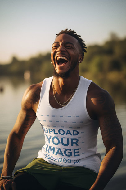 Tank Top Mockup of a Joyful Man Generated by AI in Front of a Lake