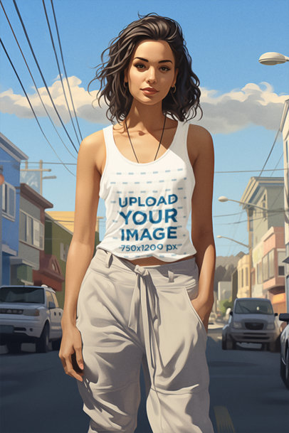 Tank Top Mockup of an Illustrated Woman Inspired by GTA Walking on the Street
