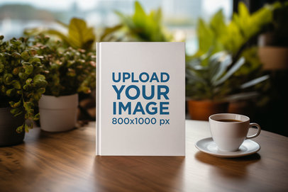 Mockup of an AI Created Hardcover Book Placed Next to a Small Cup of Tea m38113
