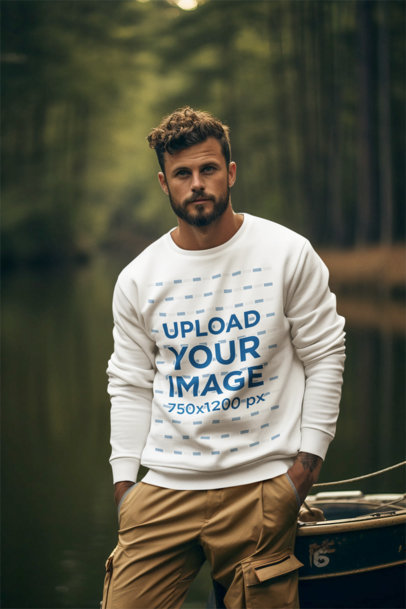 Sweatshirt Mockup of an AI-Created Man with a Beard Standing in a Forest