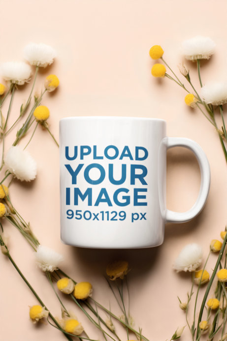AI-Generated Mockup Featuring a Coffee Mug Placed on a Surface Surrounded by Flowers