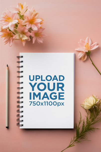 Mockup of an AI-Created Spiral Notebook Lying Over a Pink Surface With Flowers