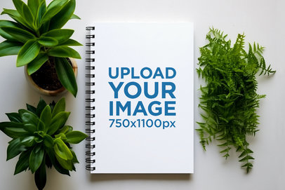 Mockup of an AI-Created Notebook Lying on a White Surface With Some Plants m38121