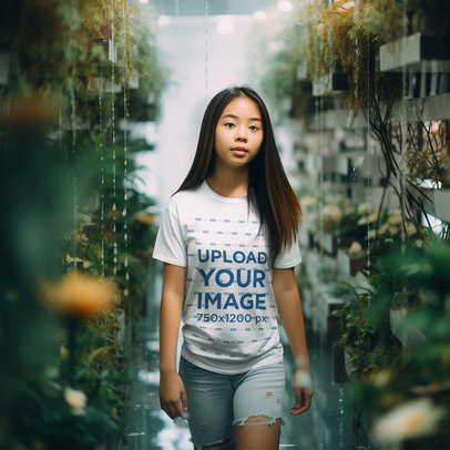 T-Shirt Mockup Featuring an AI-Generated Teenage Girl Walking in a Natural Landscape