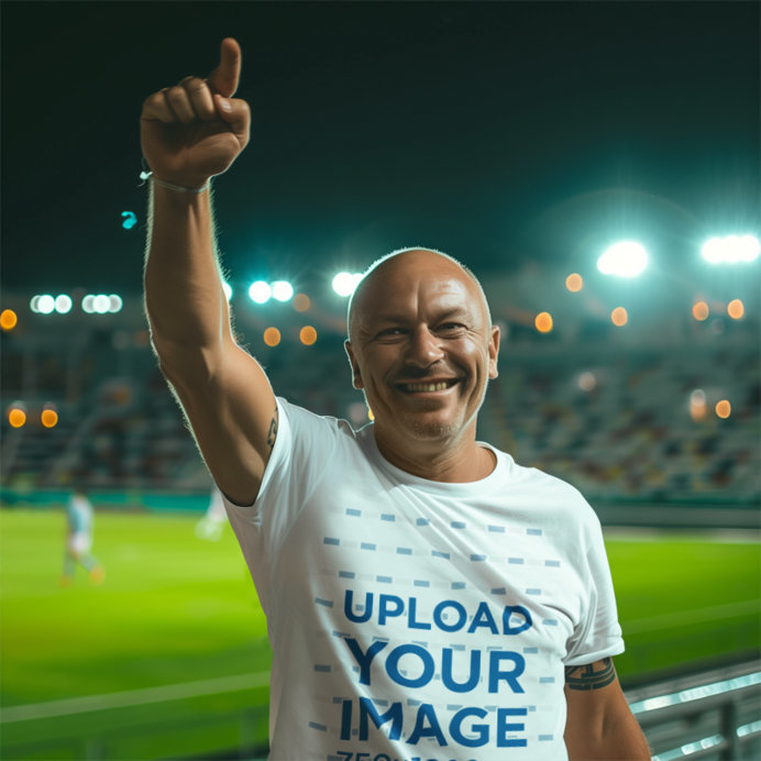 T-Shirt Mockup Featuring an AI-Created Man Posing With a Cheerful Look in a Soccer Stadium