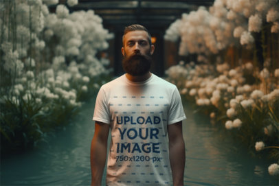 T-Shirt Mockup of a Bearded Man Standing in a Fantasy Room with Flowers m34877