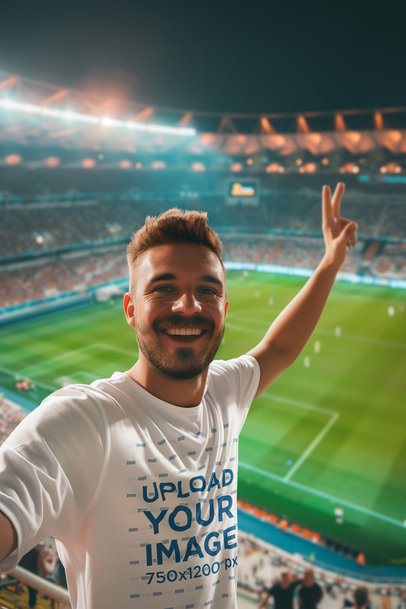 AI-Created Mockup of a Soccer Fan in a T-Shirt Taking a Selfie at a Stadium