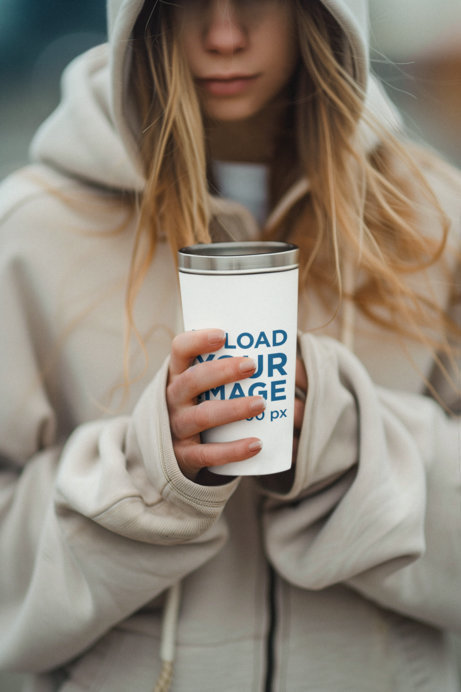 AI-Generated Mockup of a Woman in Winterwear Holding a Tumbler