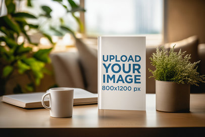 Hardcover Book Mockup Featuring an AI-Generated Table With a Plant Pot and a Mug m38114
