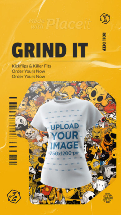 3D Round-Neck T-Shirt Video Featuring Skater Fashion-Themed Graphics