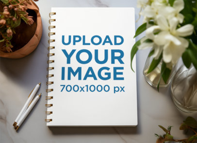 Mockup of a Spiral Notebook Placed Over an AI-Generated Marble Table