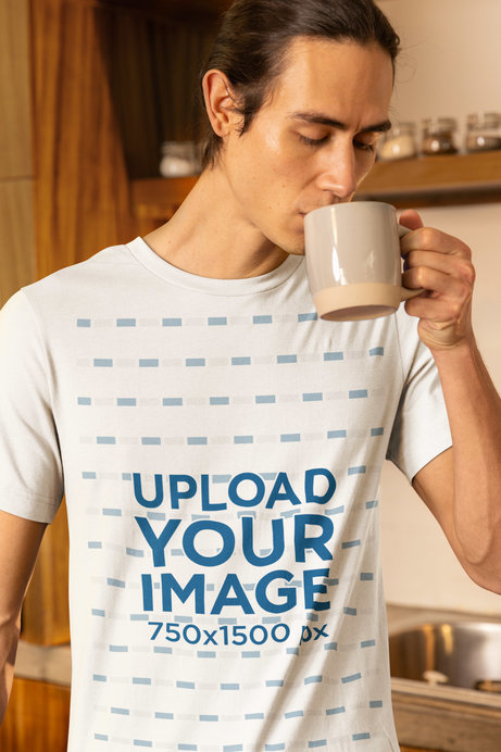 Bella Canvas Tee Mockup Featuring a Man Drinking Coffee
