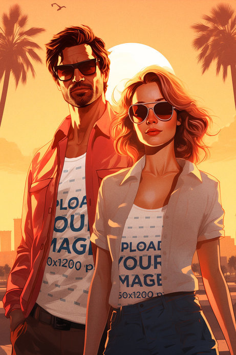 T-Shirt and Tank Top Mockup of an Illustrated Couple Inspired by Grand Theft Auto