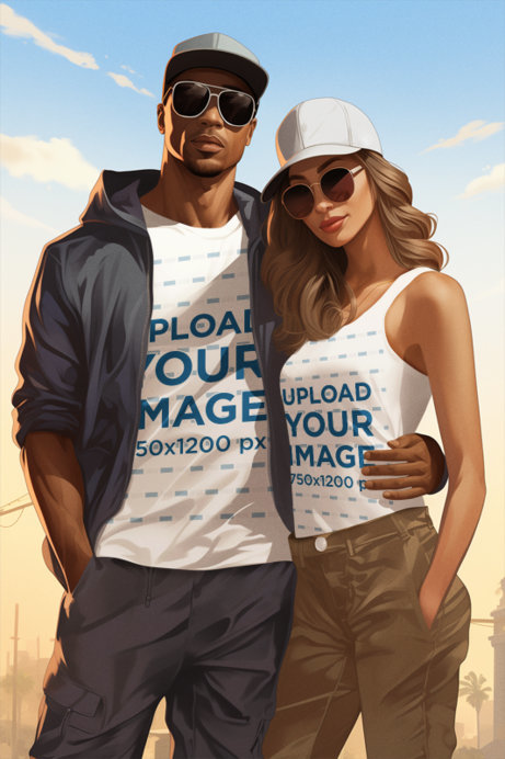 T-Shirt and Tank Top Mockup of an Illustrated Couple Inspired by Grand Theft Auto