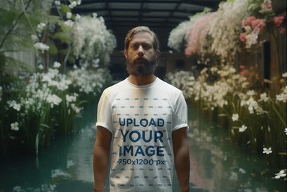 Round-Neck Tee Mockup Featuring an AI-Created Man Posing Against a Pond and Some Flowers