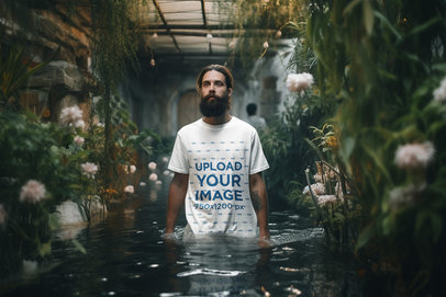 Mockup of a Bearded Man Generated by AI Wearing a T-Shirt in a Fantasy Water World