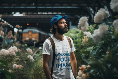 AI-Generated Mockup of a Bearded Man Wearing a Round-Neck Tee by Some Plants