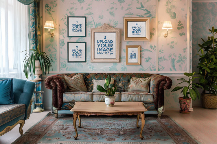 AI-Generated Mcokup of Art Prints Hanging in a Victorian-Decorated Living Room