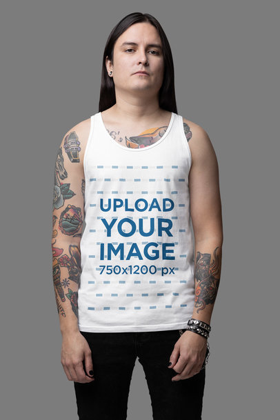 Bella Canvas Tank Top Mockup Featuring a Man with Colorful Arm Tattoos