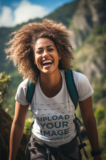 AI-Generated Mockup of a Curly-Haired Woman Wearing a Round-Neck Tee at a Hike