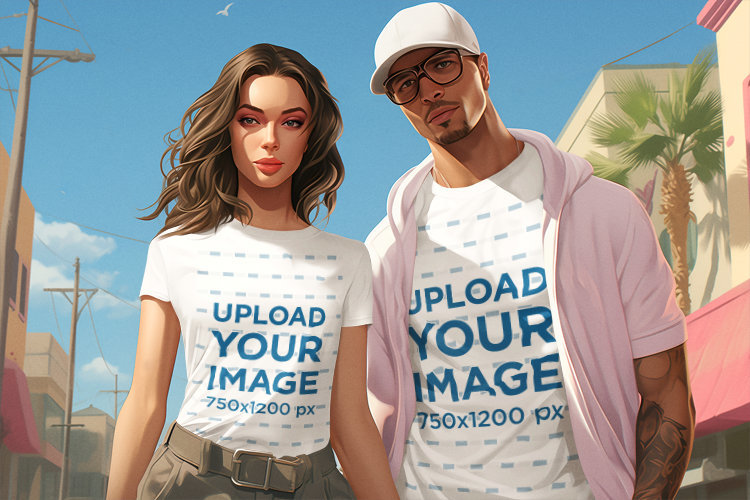 T-Shirt Mockup Featuring a Man and a Woman Inspired by Grand Theft Auto
