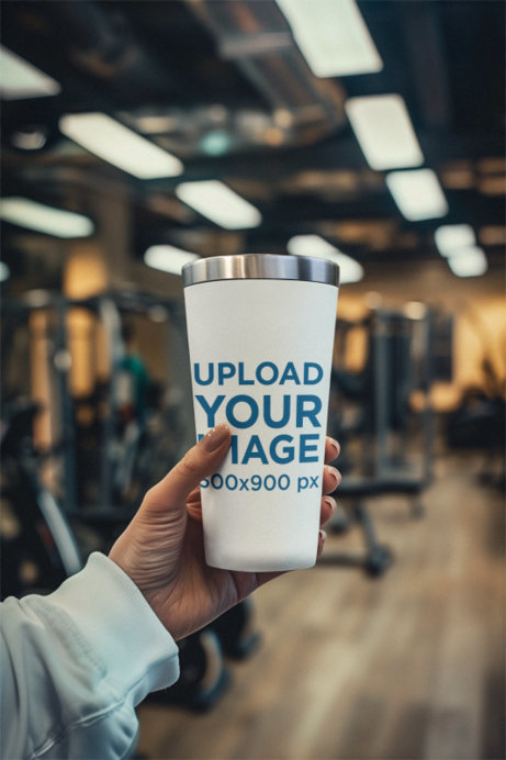AI-Generated Mockup of a Woman's Hand Holding a Tumbler in a Gym
