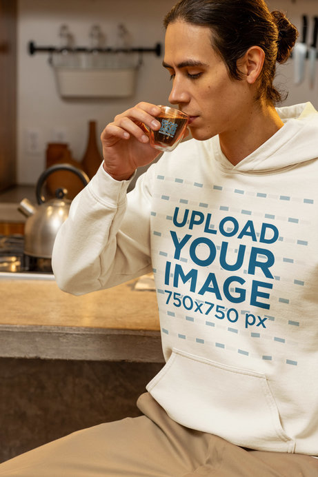 Gildan Hoodie Mockup Featuring a Man Drinking Coffee From a Espresso Shot