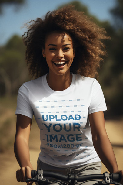 Mockup of an AI-Created Happy Woman with Curly Hair Wearing a Crewneck T-Shirt