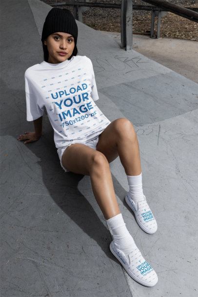 T-Shirt and Sneakers Mockup of a Woman Sitting on the Floor
