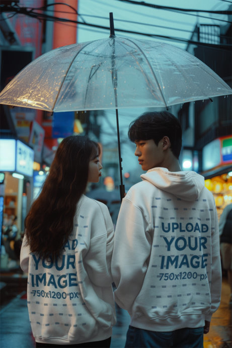 Sweatshirt and Hoodie Mockup of an AI-Created Couple Walking on a Street with an Umbrella