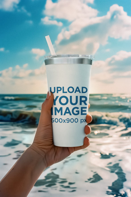 AI-Generated Mockup of a Woman Holding a Tumbler at the Beach