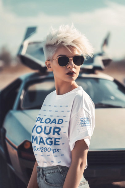 Back to the Future-Inspired Mockup of a Woman with Dyed Hair Wearing a T-Shirt  m33588
