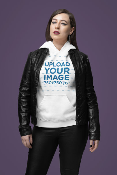 Gildan Hoodie Mockup Featuring a Woman With a Dark Metal Outfit