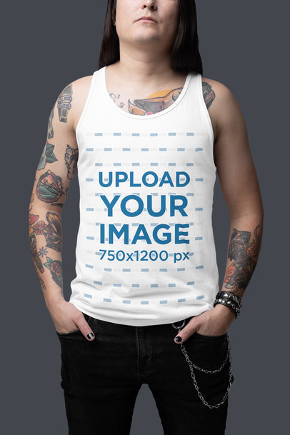 Mockup of a Man with Long Hair and Arm Tattoos Wearing a Bella Canvas Tank Top
